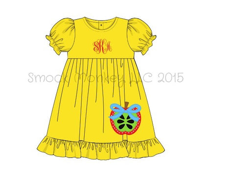 Girl’s applique “AN APPLE A DAY" yellow knit short sleeve ruffle hem swing dress (NO MONOGRAM) (2t)