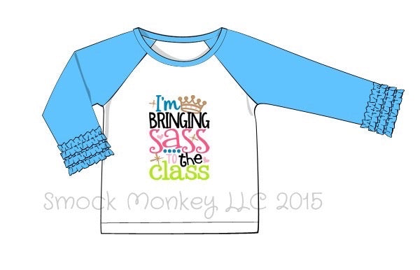 Girl's applique “I'M BRINGING SASS” white baseball shirt with aqua fringe sleeves (7t,8t,10t)