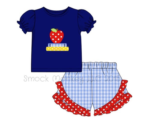 Girl's applique "BACK TO THE BOOKS" royal blue knit shirt and blue gingham ruffle short set (18m,24m)