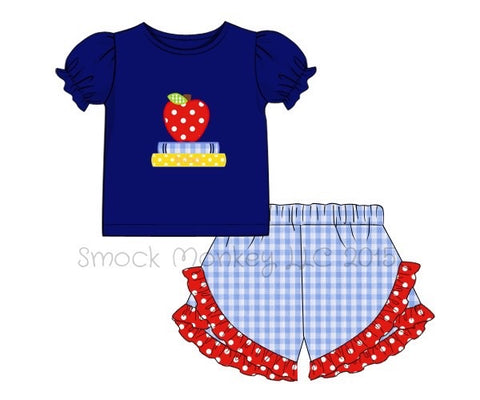 Girl's applique "BACK TO THE BOOKS" royal blue knit shirt and blue gingham ruffle short set (24m)