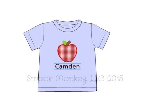 Boy's applique "AN APPLE A DAY CHALKBOARD" blue knit short sleeve shirt (NO MONOGRAM) (24m)