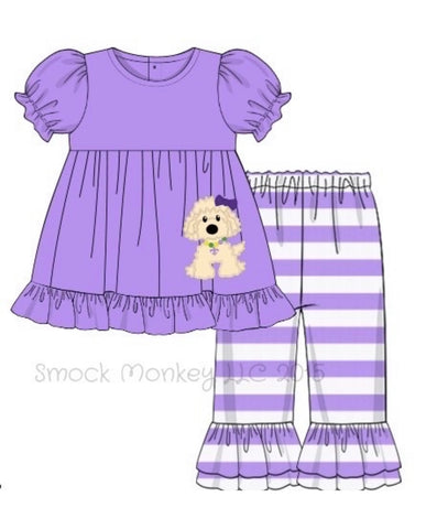 Girl's applique ""MARDI GRAS DOG" lavender knit swing top and striped ruffle pant set (10t)