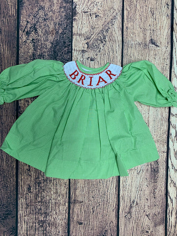 Girls smocked "PERSONALIZED" lime green microgingham bishop top "BRIAR" (NB)