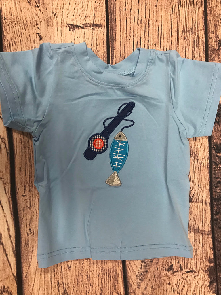 Boy's applique "FISHING POLE" blue knit  s/s shirt (10t)