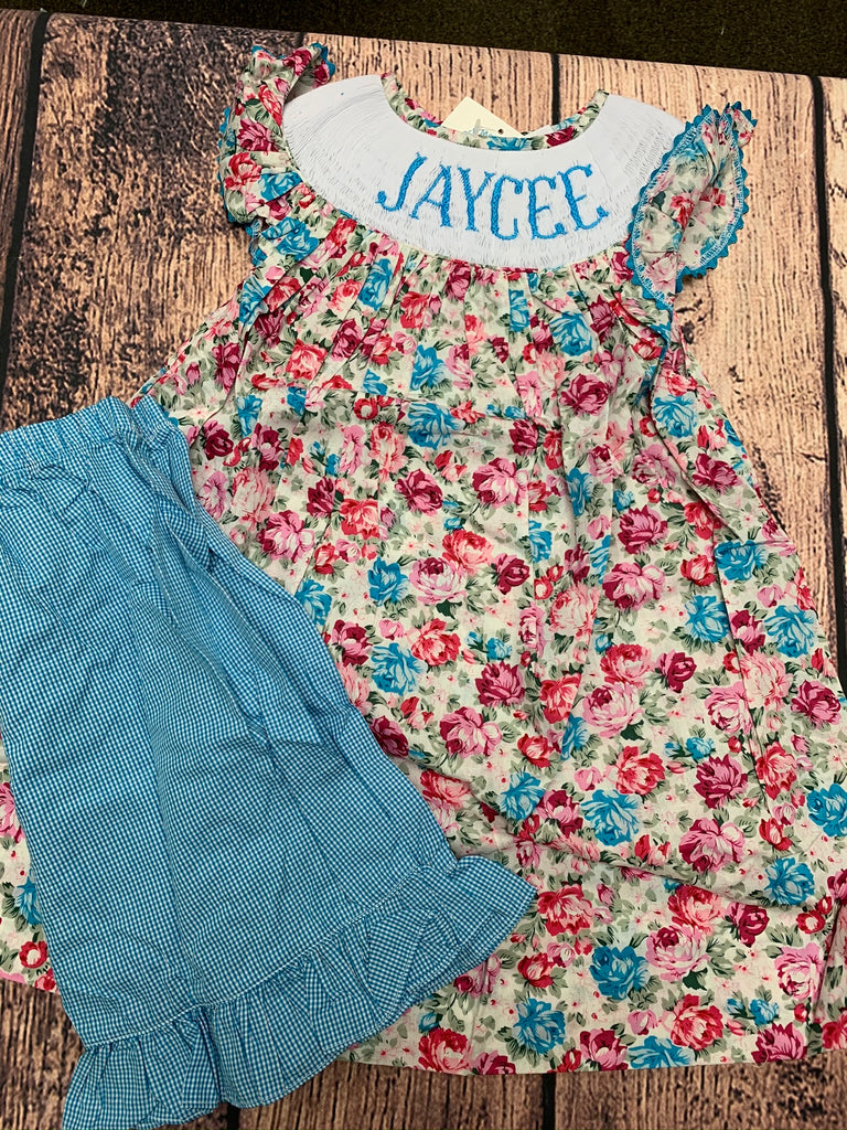 Girls smocked "PERSONALIZED" floral bishop top with aqua microgingham cotton shorts set "JAYCEE" (6t)