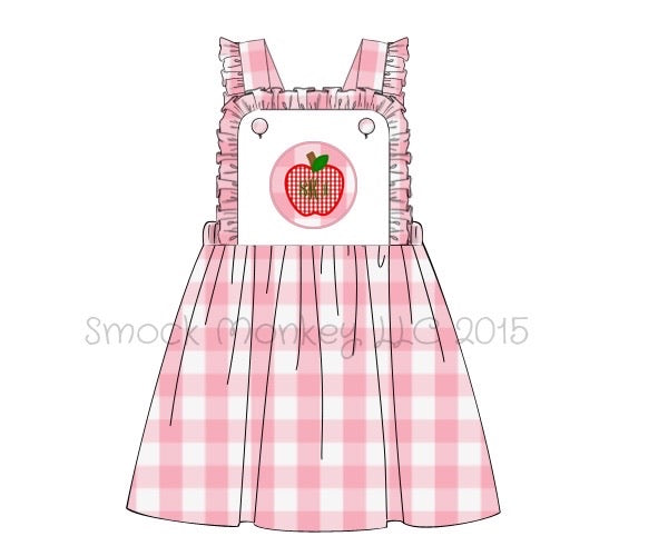 Girl's applique "APPLE" pink gingham apron dress (NO MONOGRAM) (24m)