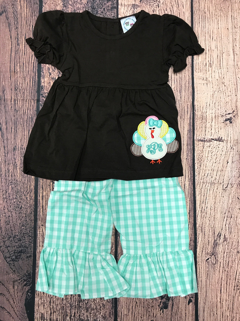 Girl’s applique “TURKEY” brown top and  mint gingham pant set “HPE” (18m)