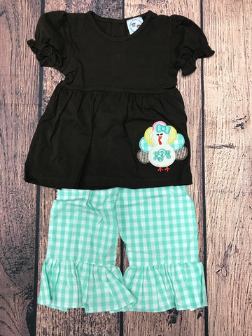 Girl’s applique “TURKEY” brown top and  mint gingham pant set “HPE” (18m)