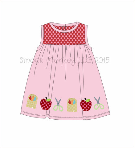 Girl's applique "SCHOOL DAYS" knit red and pink polka dot with pink sleeveless swing dress (10t,12t,14t)