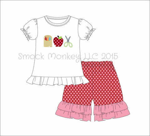 Girl's applique "SCHOOL DAYS" knit white short sleeve ruffle shirt and red and pink polka dot knit ruffle shorts (2t,3t,7t,8t,10t,12t)