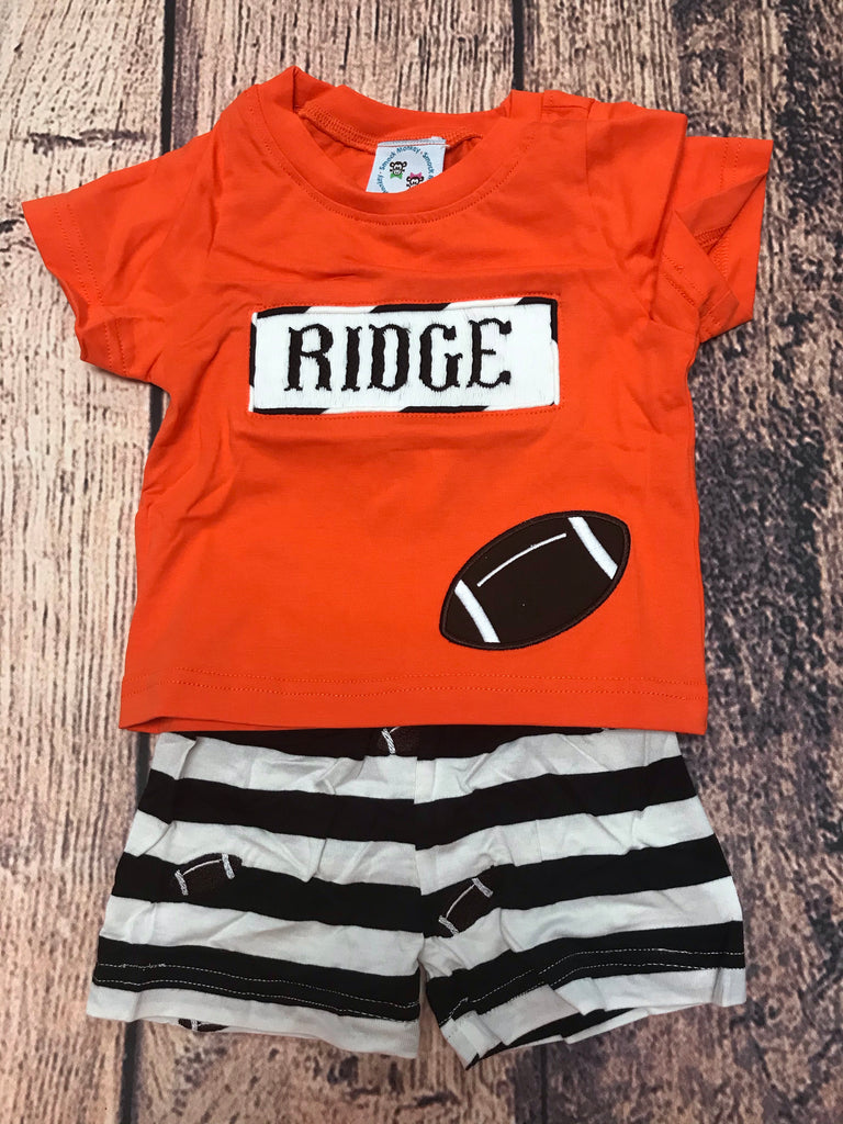 Boy's smocked "PERSONALIZED" orange short sleeve shirt with football applique and black and white embroidered football knit short set "RIDGE" (NB)