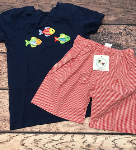 Boys applique "RAINBOW FISH" 2 piece set with red microgingham shorts (10t)