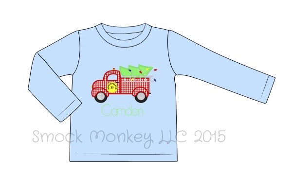 Boy's applique "TREE PICKING FIRE TRUCK" baby blue knit long sleeve shirt (NO MONOGRAM) (18m,24m)