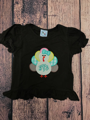 Girl’s applique “TURKEY” brown short sleeve ruffle shirt “BVJ” (2t)