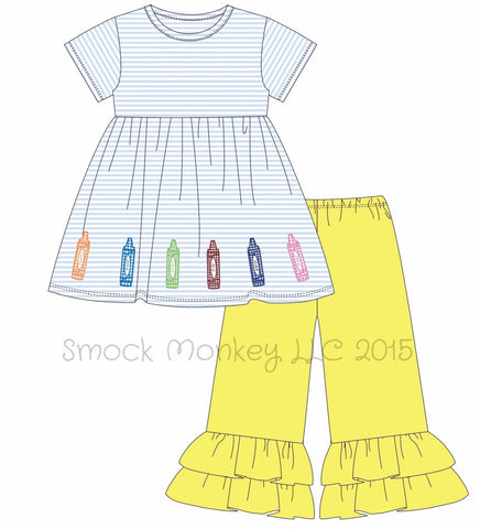 Girl's applique "CRAYONS" blue striped swing top and yellow knit ruffle pants (12m,2t,3t,4t,5t,7t,8t,10t,12t)