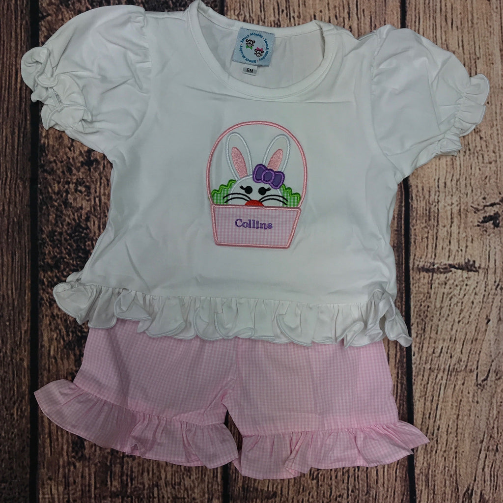 Girl's applique "HIDING BUNNY BASKET" white s/s ruffle shirt and pink microgingham short set "COLLINS" (3m)