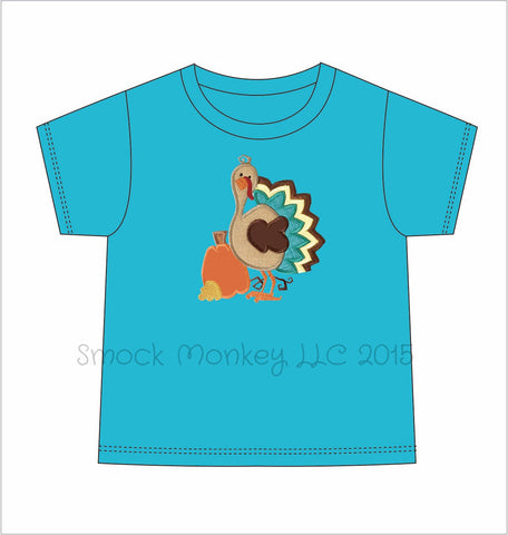 Boy's applique "GOBBLE, GOBBLE, TURKEY" aqua SHORT SLEEVE SHIRT *see desc (9m,24m)