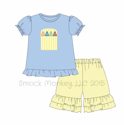 Girl's applique "CRAYON BOX" blue knit short sleeve shirt and yellow striped knit ruffle shorts (7t,8t,10t)