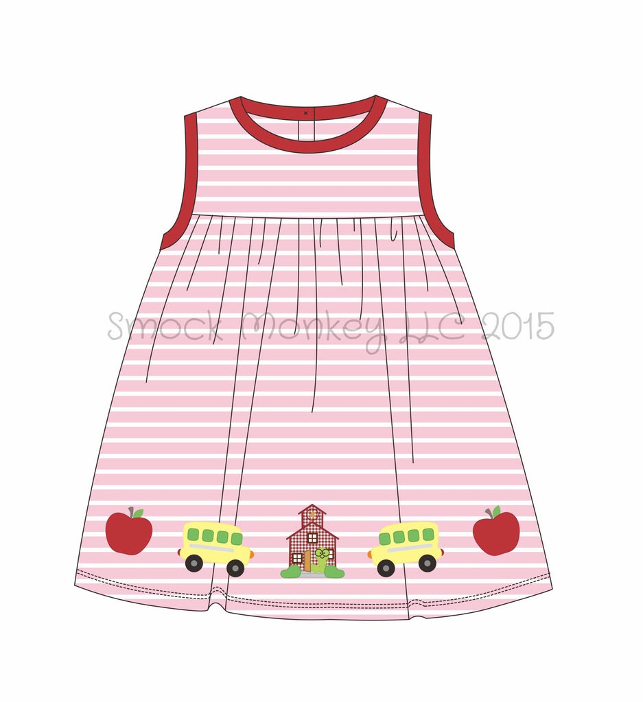 Girl's applique "SCHOOL DAYZ" pink and white striped knit swing dress (12m,18m,2t,3t,10t,12t)