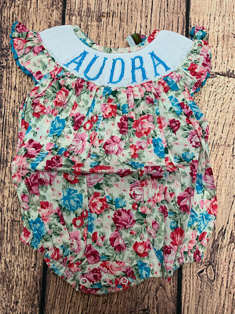 Girls smocked "PERSONALIZED" floral bubble "AUDRA" (3m)
