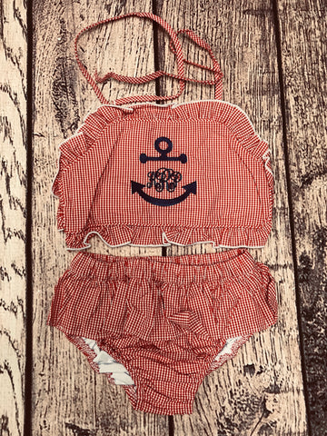 Girl's red gingham two piece swim suit "KRP” (5t)