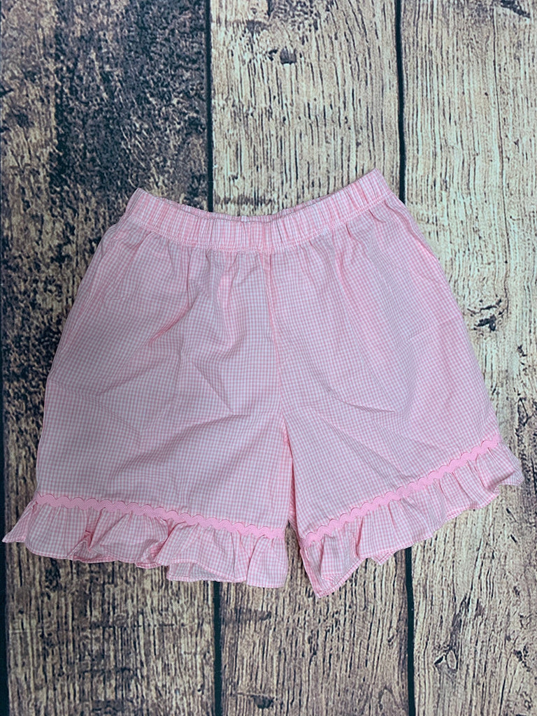 Girls "PINK" microgingham ruffle trim cotton shorts (7t)