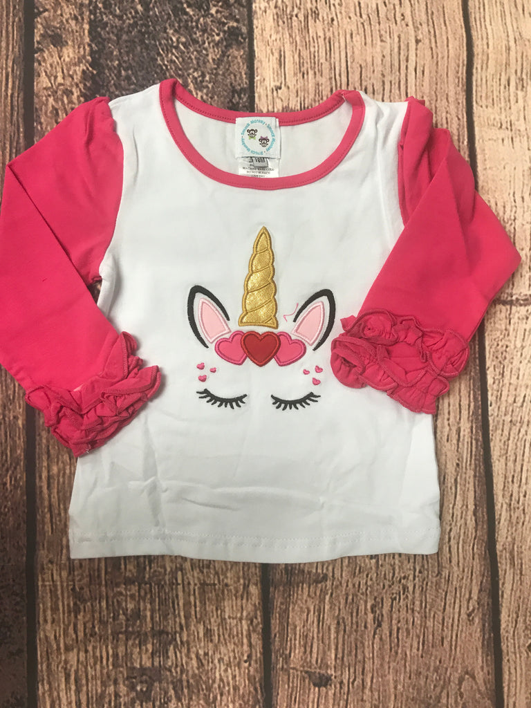 Girl's applique "UNICORN LOVE" long sleeve white baseball shirt with hot pink icing sleeves (18m)