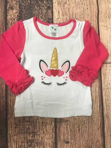 Girl's applique "UNICORN LOVE" long sleeve white baseball shirt with hot pink icing sleeves (18m)