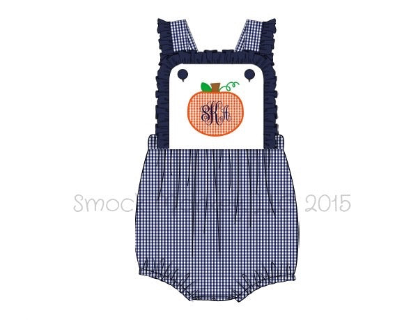 Girl's applique "PUMPKIN" navy microgingham ruffle bubble (NO MONOGRAM) (3t,4t)