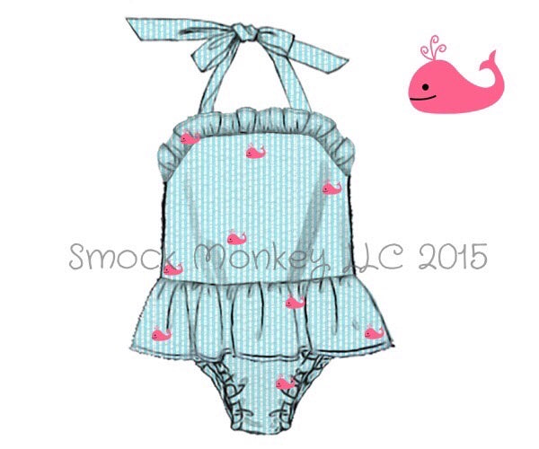 Girl's embroidered "WHALES" aqua seersucker one piece swim suit (12m)