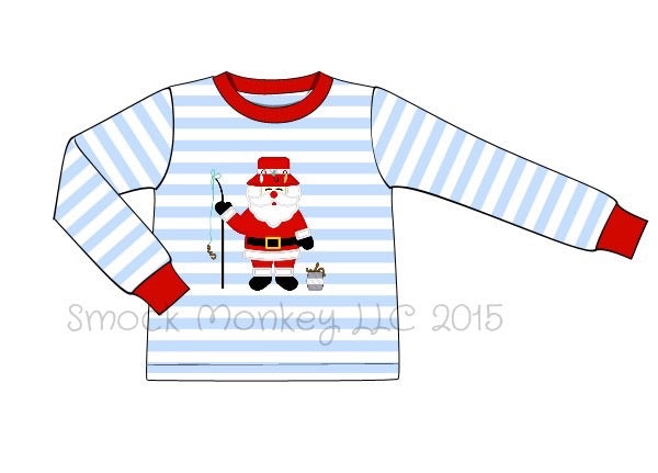 Boy's applique "FISHING SANTA" blue striped knit long sleeve shirt (24m,7t,8t)