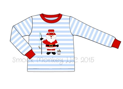 Boy's applique "FISHING SANTA" blue striped knit long sleeve shirt (24m,7t,8t)