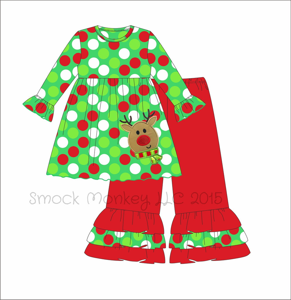 Girl's applique "RUDY REINDEER" Christmas polka dot long sleeve sleeve swing top and red knit ruffle pants (3m)