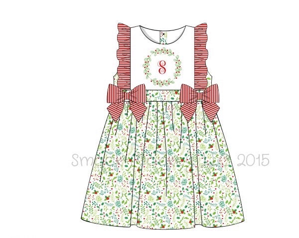 Girl's embroidered "HOLLY" Christmas print apron bow dress (NO MONOGRAM) (18m,24m,5t,7t,8t)