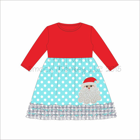 Girl's applique "SANTA" red long sleeve with aqua polka dot knit swing dress with gingham fringe (6m)
