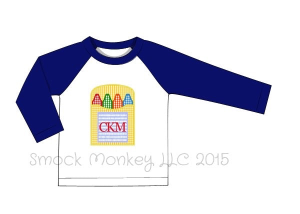 Boy's applique "CRAYON BOX" baseball shirt with navy sleeves (NO MONOGRAM) (2t,3t,5t,6t,7t)