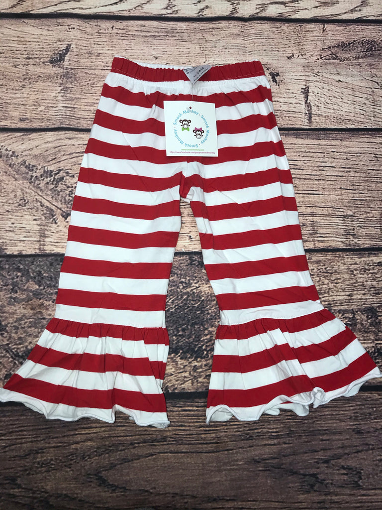 Girl's red striped knit single ruffle capris (24m)