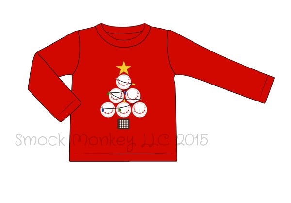 Boy's applique "BASEBALL TREE" red knit long sleeve shirt (18m)