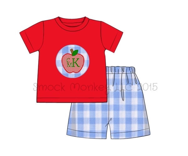 Boy's applique "APPLE" red knit short sleeve shirt and blue gingham short set (NO MONOGRAM) (2t,5t,6t,7t)