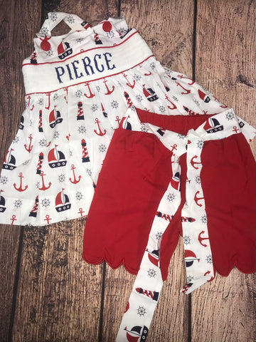 Girls "PERSONALIZED ANCHORS AND SAILBOATS" swing top and red knit scalloped tie shorts "PIERCE" (5t)